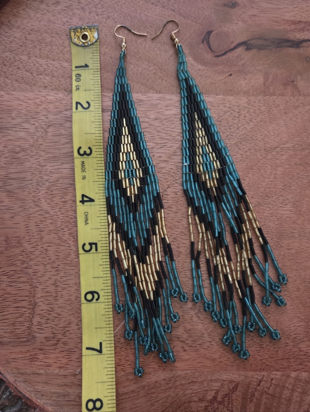 Western Teal Gold Black beaded fringe earrings Boho Rodeo Festival Cowgirl - Picture 5 of 6
